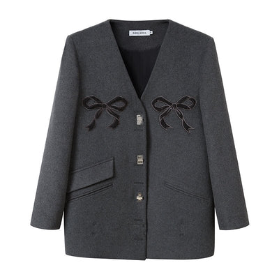 V-Neck Ribbon Wool Suit Jacket DID0056