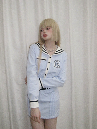 Sailor Short Button Tops & Line Design Mini Skirts GIF0005