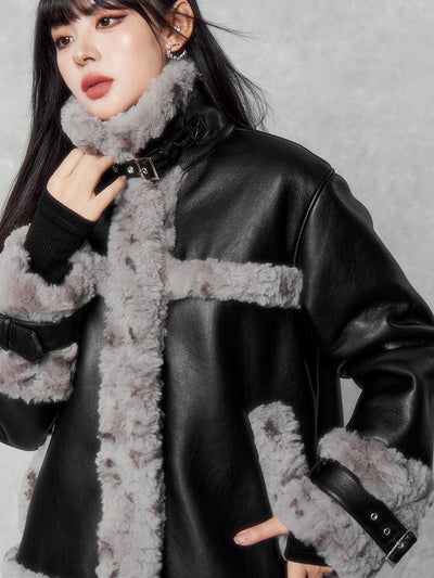 Fur Stand Collar Belt Leather Jacket VOC0150