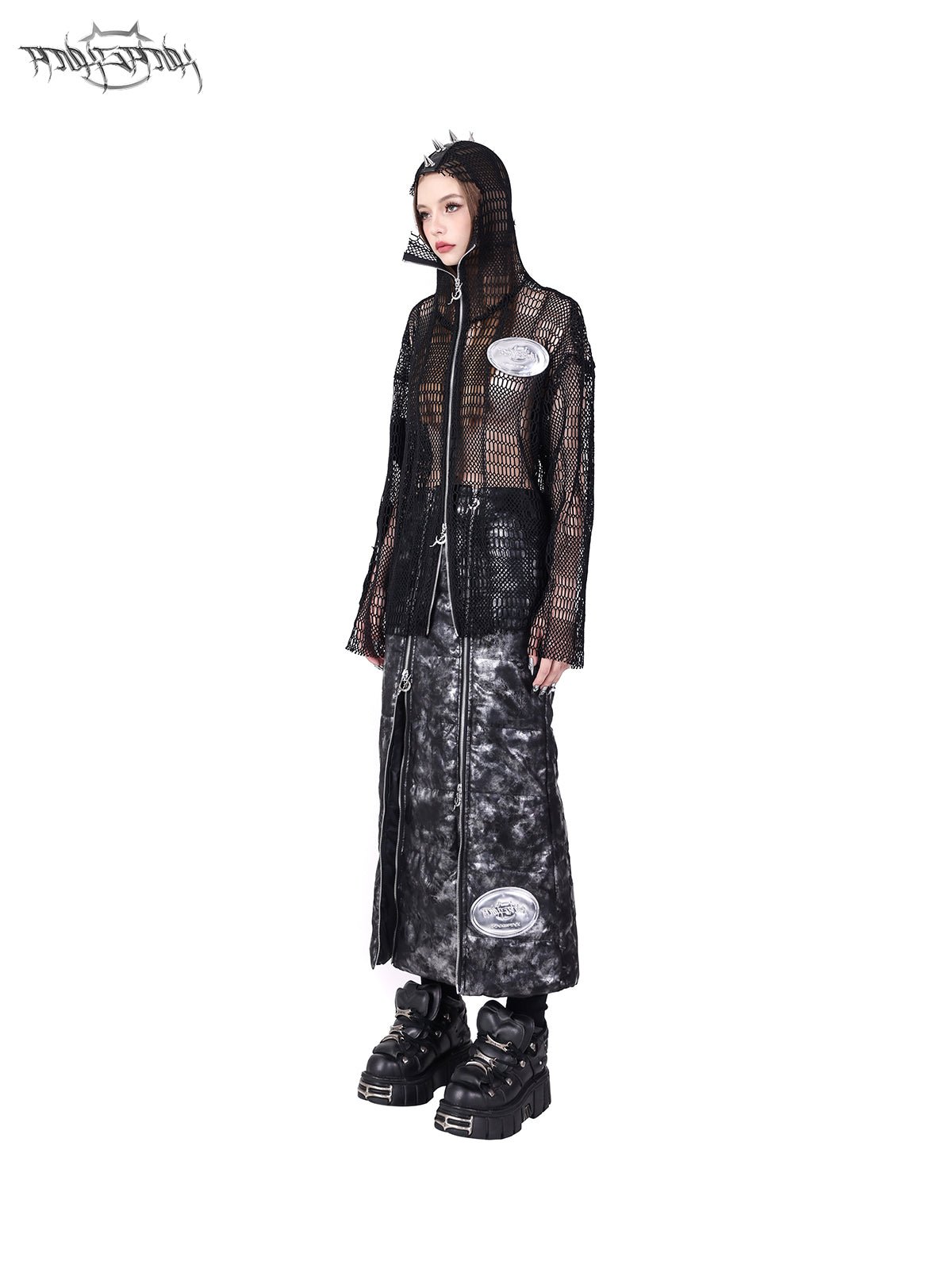 Punk hooded mesh material double zip jacket PIN0085