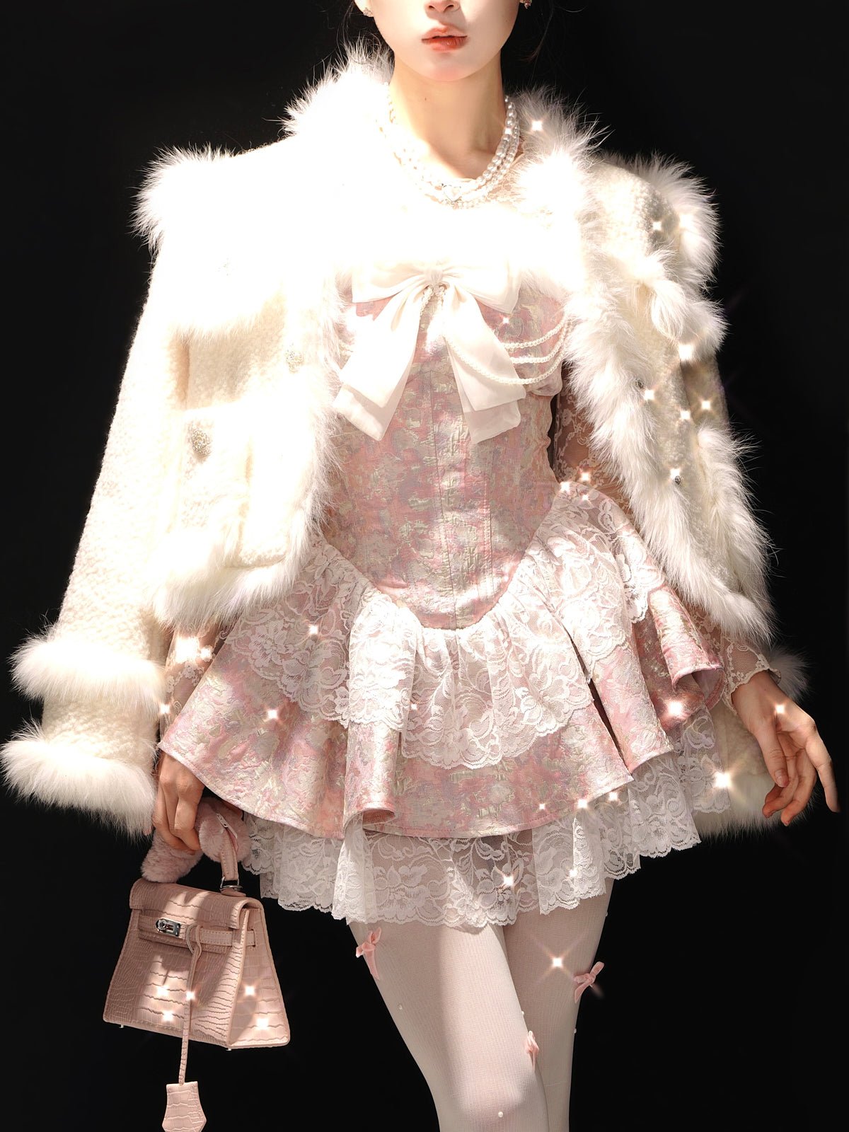 Fur Off Shoulder Pink Lace Dress & Lace Slim Inner Tops DIA0063