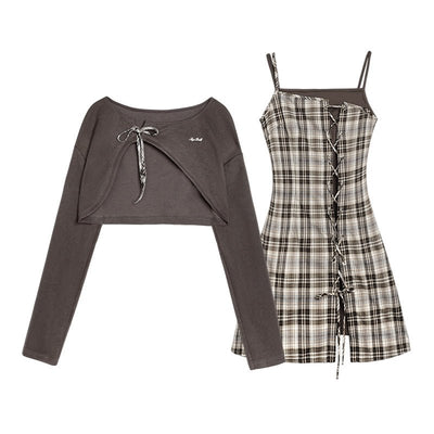 Sleeveless Plaid Cami Dress & Tie-Front Cropped Cardigan SAG0084
