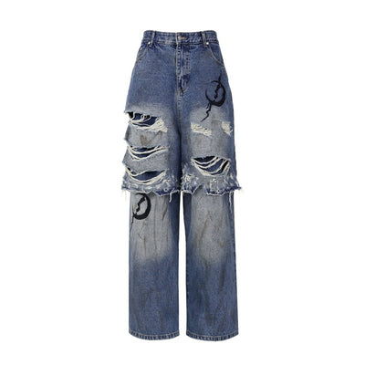 Double-layered damaged design loose denim pants PIN0086