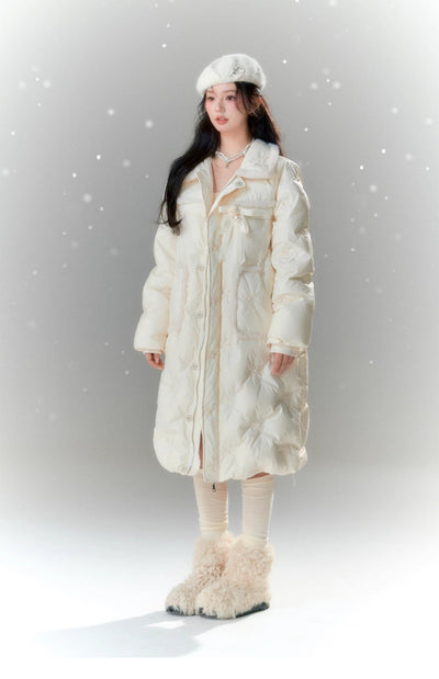 Long down coat with rose brooch and hand-stitched pearls BBB0018