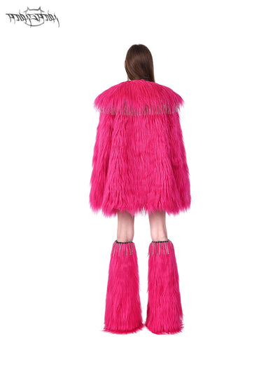 Large collar long fur vivid pink jacket PIN0102