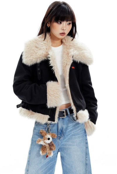 Imitation Fox Fur Stitching Large Lapel Thickened Short Jacket APE0304