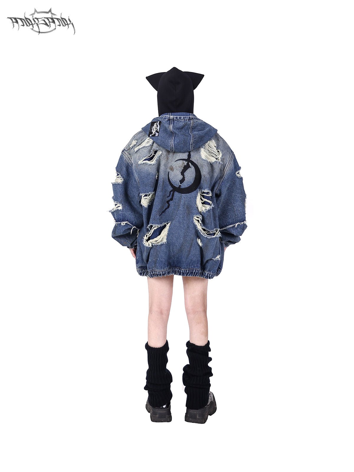 Damaged design loose denim hoodie jacket with double-layered sleeves PIN0087