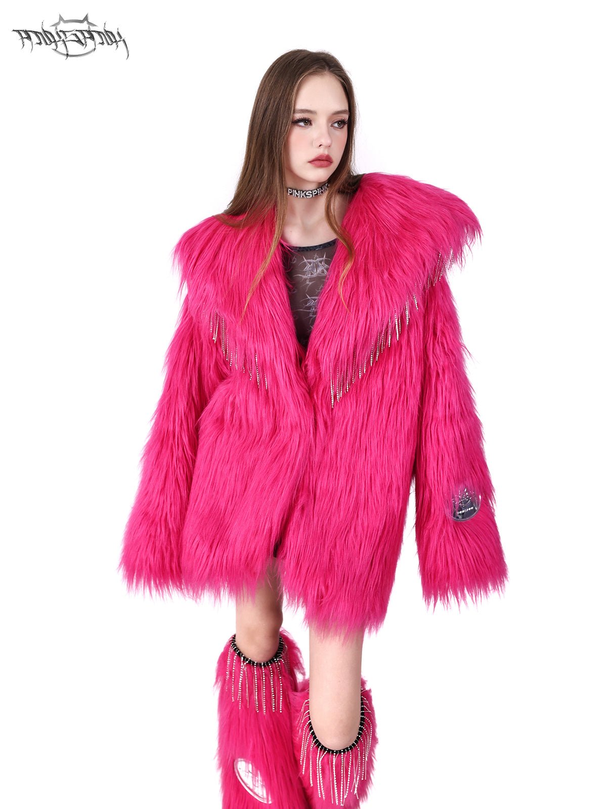 Large collar long fur vivid pink jacket PIN0102