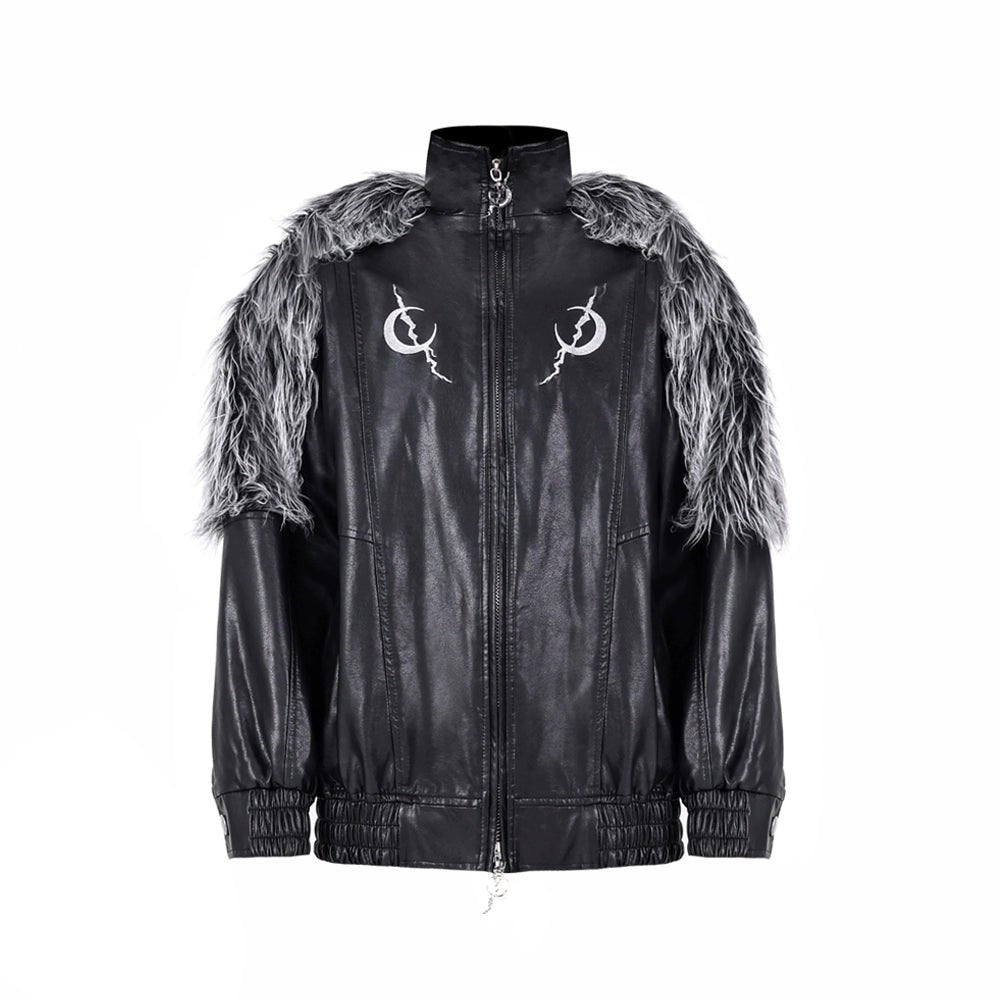 Electric Moon Print Double Zipper Fur Shoulder Leather Jacket PIN0084