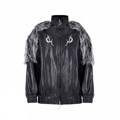 Electric Moon Print Double Zipper Fur Shoulder Leather Jacket PIN0084