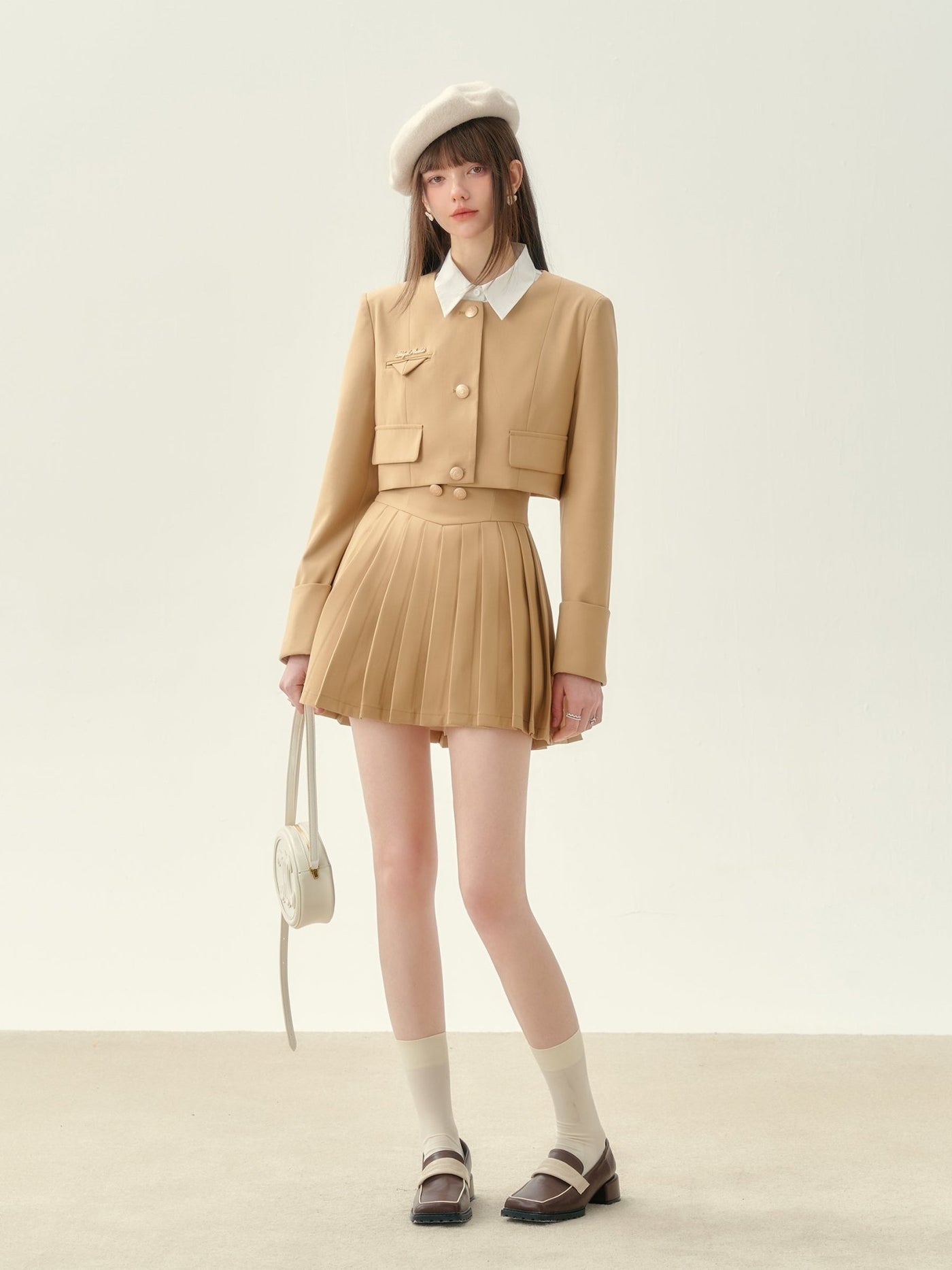 College Style No Collar Short Length Jacket & High Waist Pleated Skirt QDQ0022