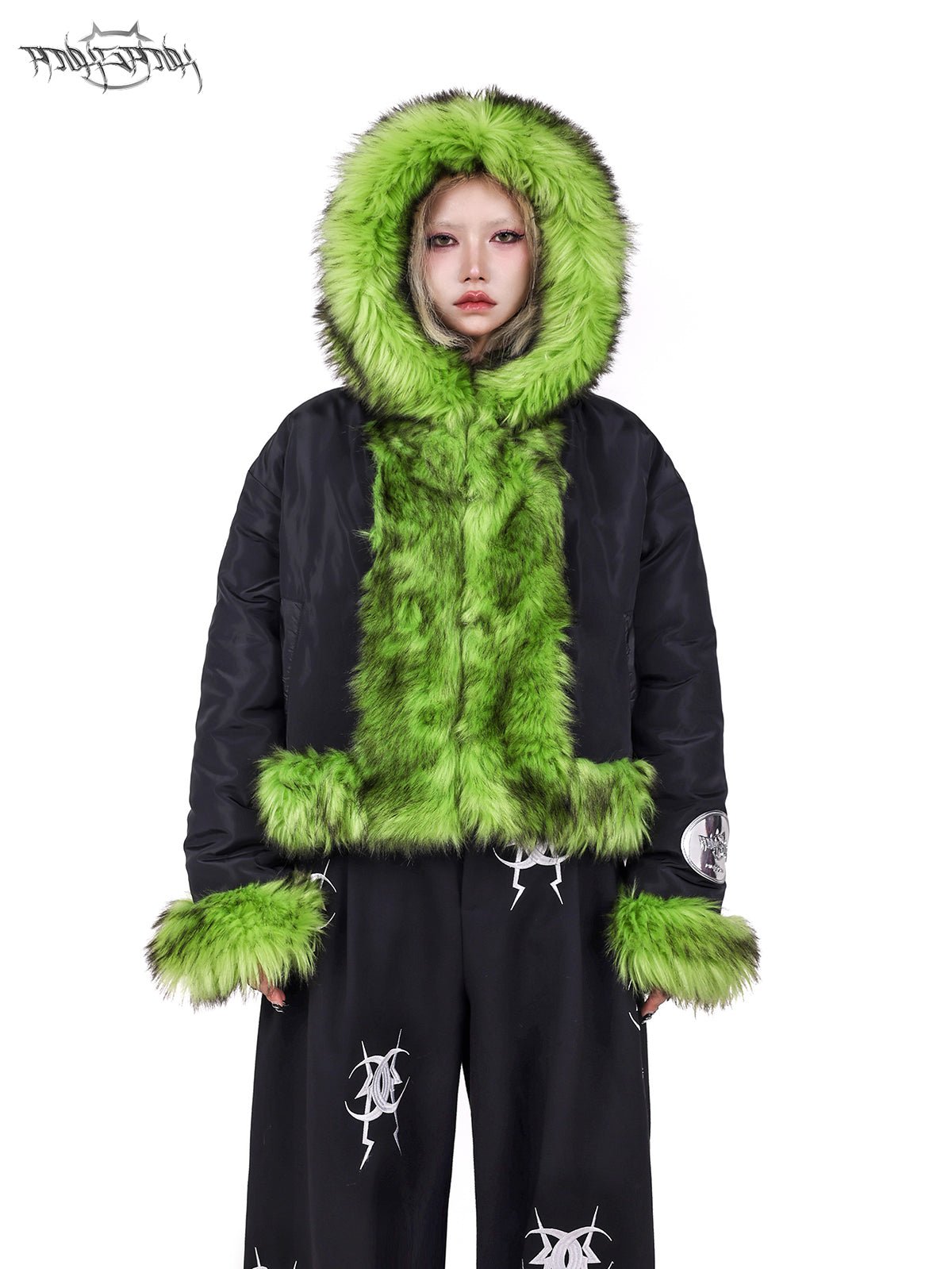 2-way Long Fur Green Hoodie Reversible Jacket PIN0094