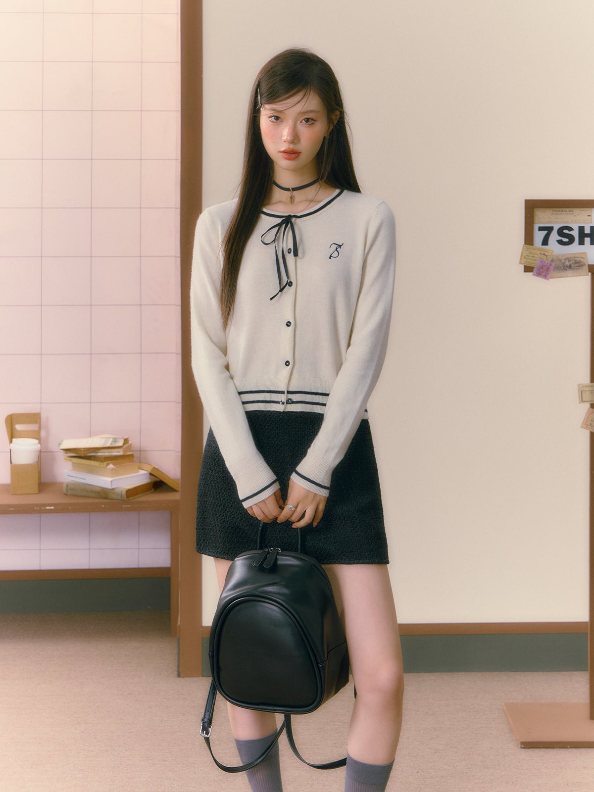 Button-Down Long-Sleeve Cardigan, Mini Skirt SHI0010