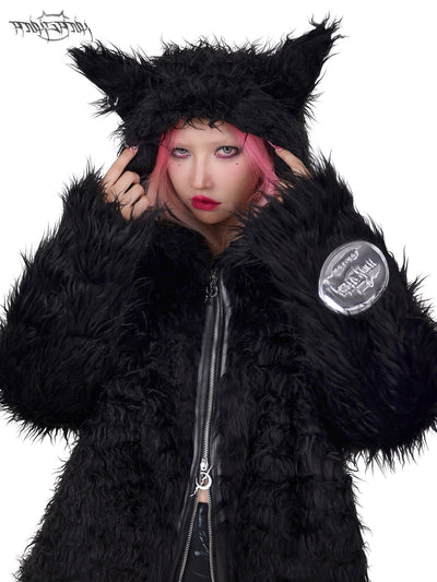 Double Zip Street Fur Jacket with Cat Ear Hood PIN0089