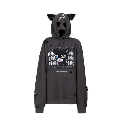 Street style sweat top with cat ears and mask hood PIN0077