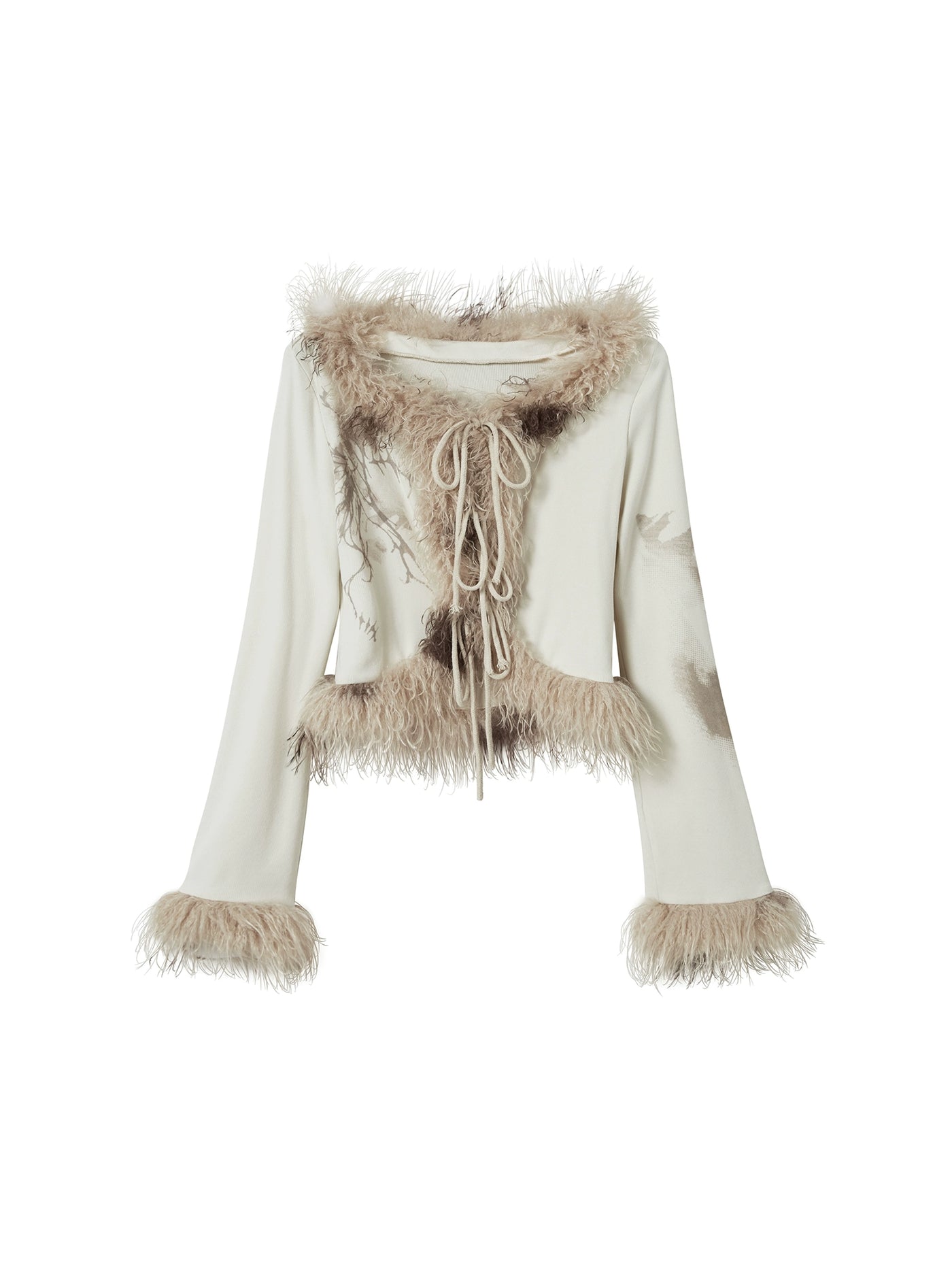 Knit ribbon cardigan with long fur hem & flared knit mini skirt CES0017