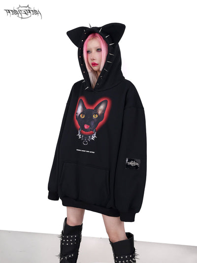 Cat print punk style sweat top with cat ears hood PIN0079