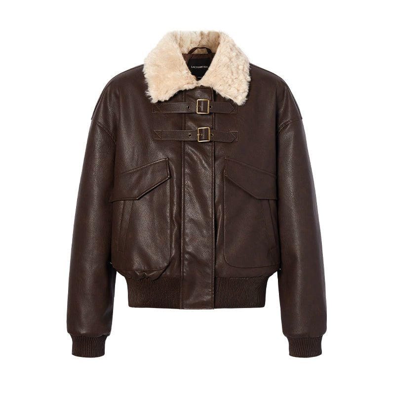 Fur Collar Belt Design Hem Ribbed Leather Jacket LAC0139