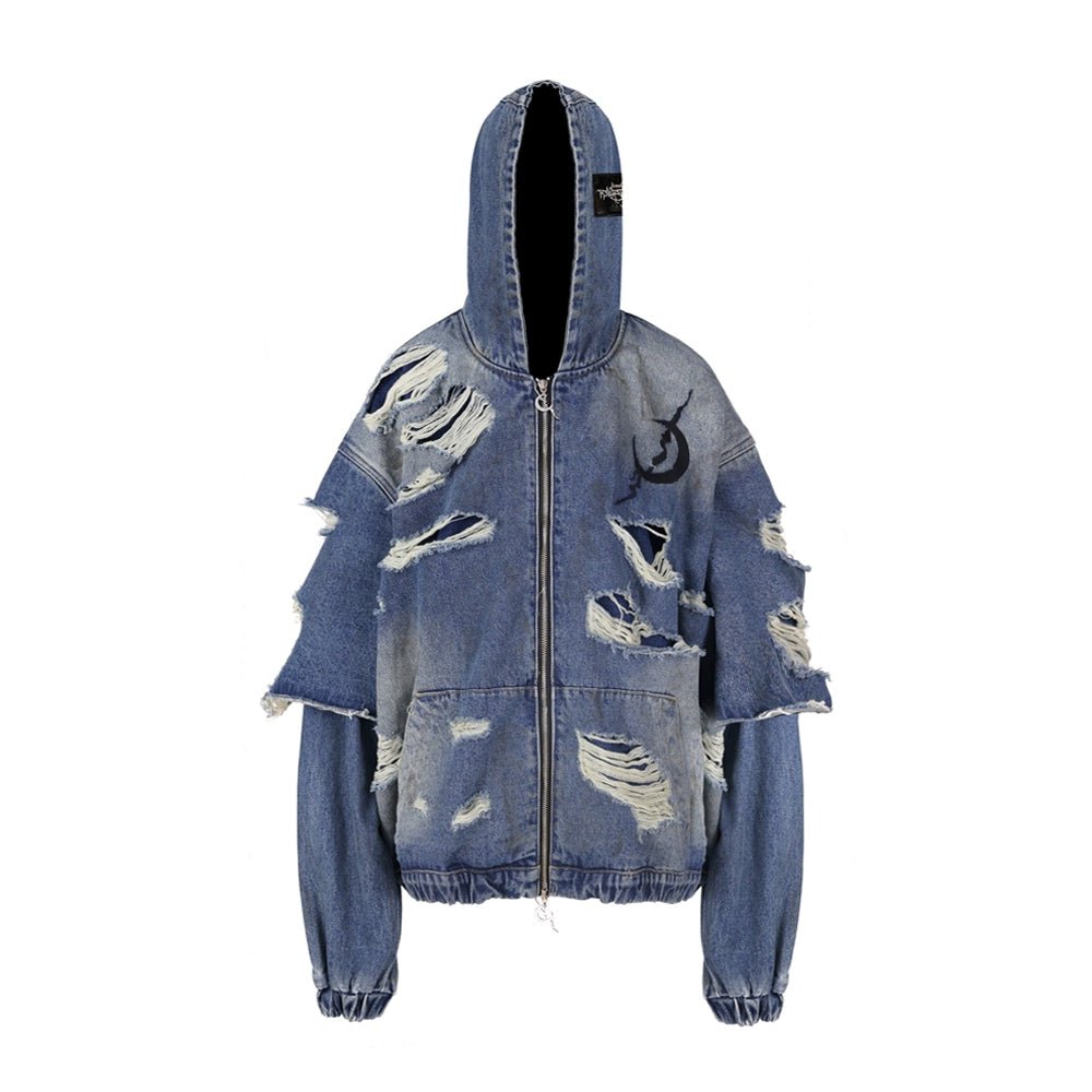 Damaged design loose denim hoodie jacket with double-layered sleeves PIN0087