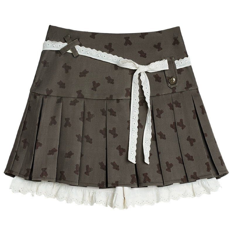 Ruffle Ribbon Belt Bear Pattern Pleated Miniskirt SAG0097