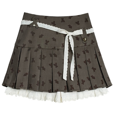 Ruffle Ribbon Belt Bear Pattern Pleated Miniskirt SAG0097