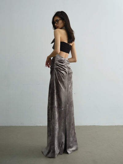 Retro Elegant Velvet Luster Backless Pleated Maxi Dress JNY0111