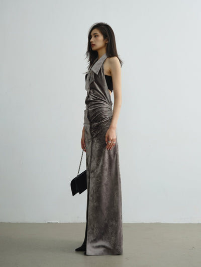 Retro Elegant Velvet Luster Backless Pleated Maxi Dress JNY0111