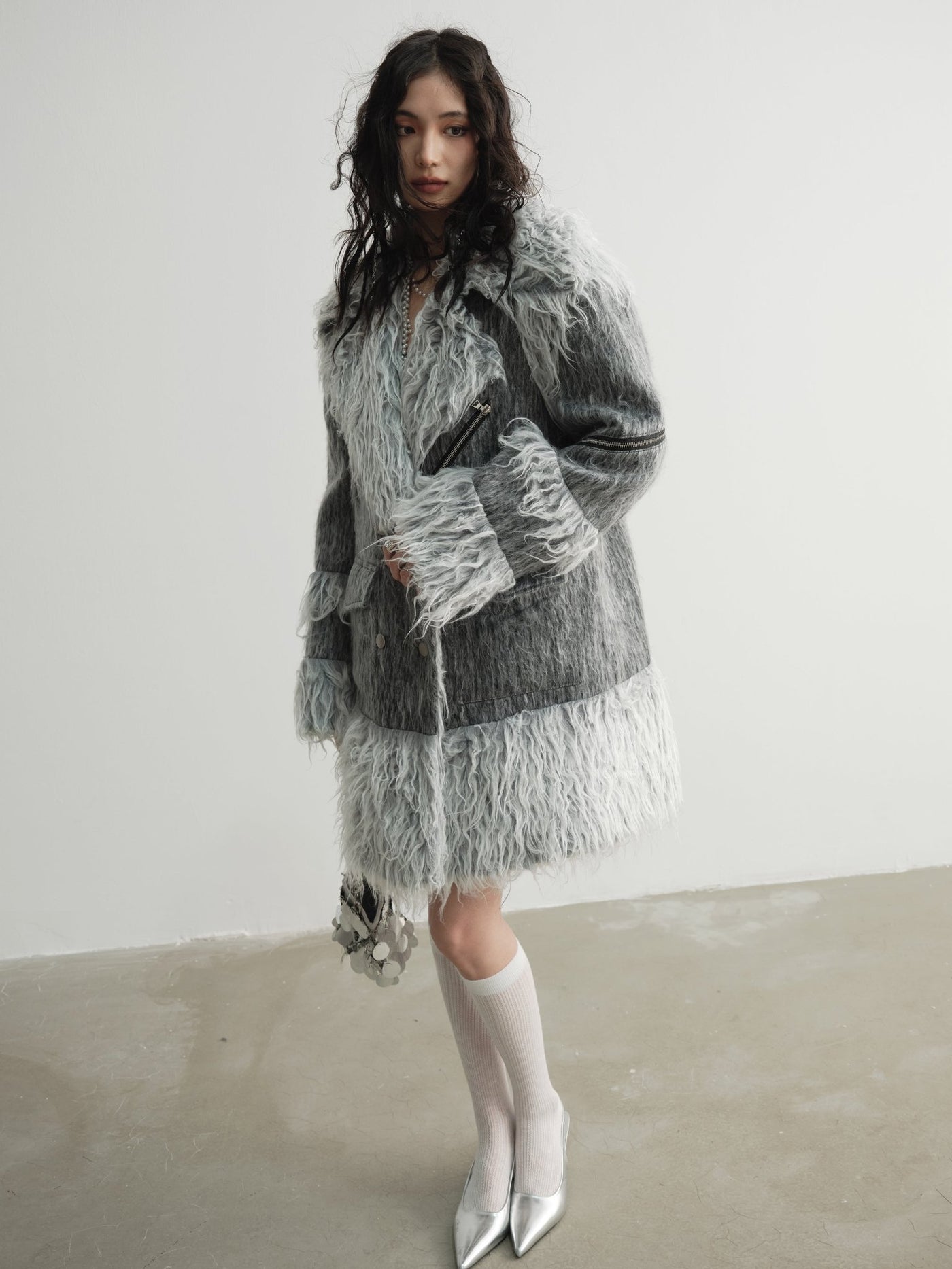 Scribbled Cuteness Fur Panels Wool Cargo Coat JNY0102