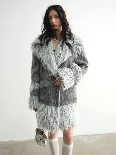 Scribbled Cuteness Fur Panels Wool Cargo Coat JNY0102