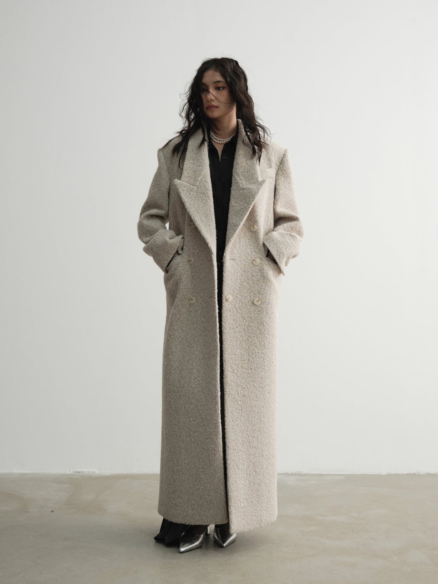Off-white Grainy Woolen Super Long Coat JNY0105